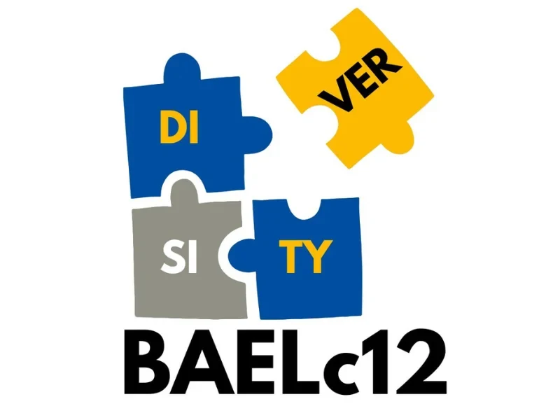 Logo for the twelfth Bonn Applied English Linguistics Conference. Four puzzle pieces in blue, yellow, and grey, with one of them detached. The syllables of diversity are divided onto the puzzle pieces. Underneath that it says BAELc12 in black letters