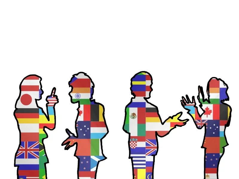 Logo for the third Bonn Applied English Linguistics Conference. Four silhouettes of people in conversation filled with various national flags..
