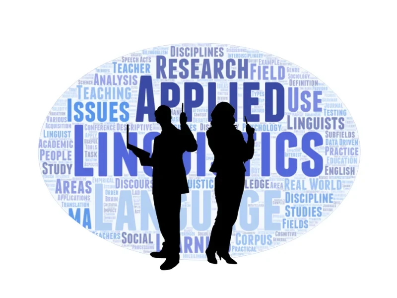 Logo for the tenth Bonn Applied English Linguistics Conference: Two black silhouettes in front of a cloud of blue words associated with applied linguistics