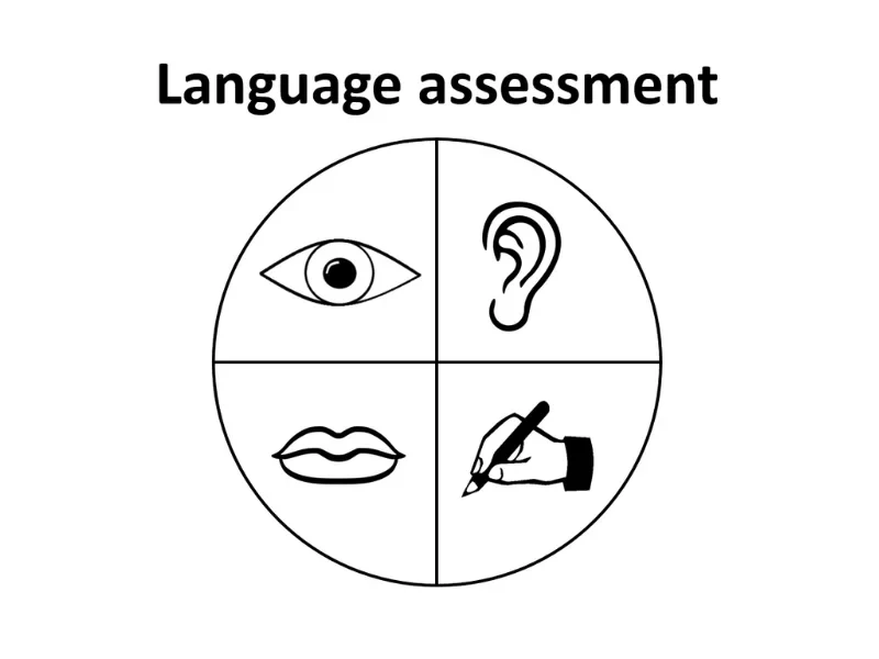 Logo for the eighth Bonn Applied English Linguistics Conference. A quartered black circle with an eye, an ear, a mouth and a writing hand. Above the graphic in black writing: Language assessment