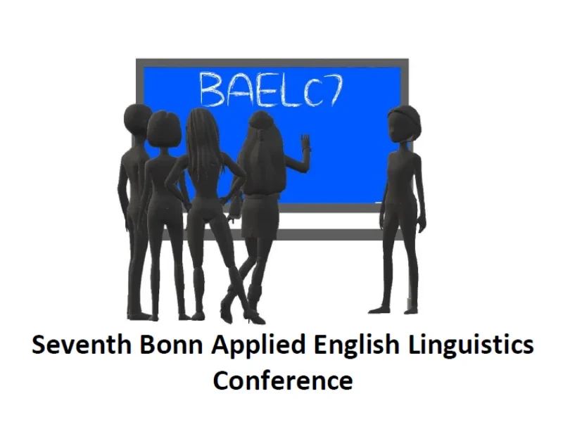logo for the seventh Bonn Applied English Linguistics Conference: four black 3D modelled figures looking at a blue blackboard with white chalk writing: BAELc7. One black 3D modelled figure next to the blackboard, seemingly presenting something. Title underneath the logo: Seventh Bonn Applied English Linguistics Conference