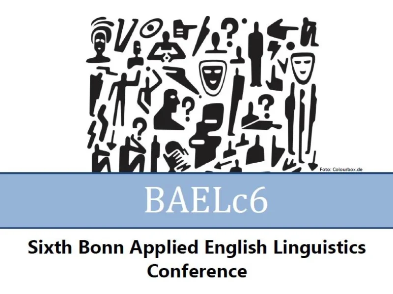 Logo for the sixth Bonn Applied English Linguistics Conference. Black graphics of people, faces, and question marks are arranged in a rectangle above a light blue banner with white writing: BAELc6. Underneath in black writing: Sixth Bonn Applied English Linguistics Conference