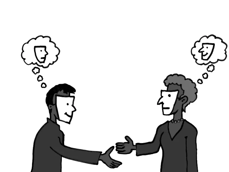 Logo for the fifth Bonn Applied English Linguistics Conference. Two people with their hands outstretched toward each other. Both of them are wearing masks, one a smiling one, the other neutral. Both of them also have thought bubbles above their heads with inverse masks.