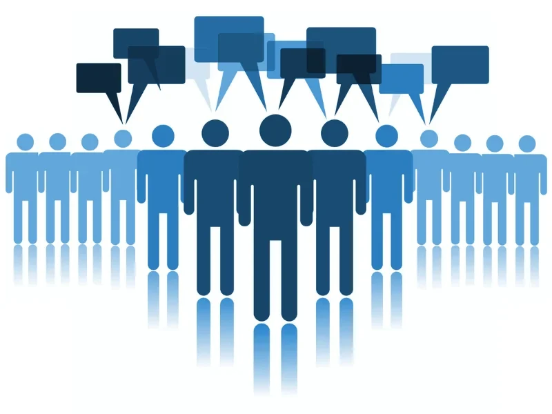 Logo for the fourth Bonn Applied English Linguistics Conference. An array of blue figures, starting with a dark blue in the middle and becoming lighter towards the sides, with speech bubbles of various shades of blue above them.