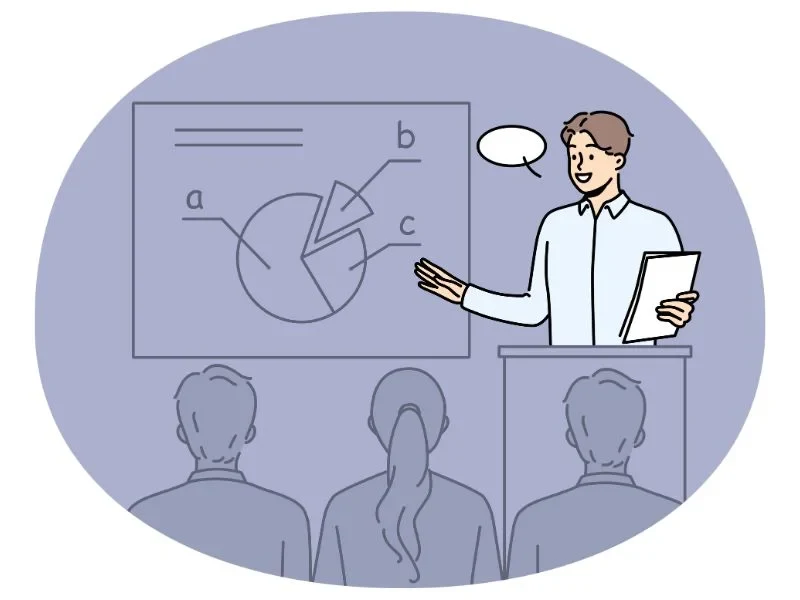 researcher presenting a pie chart to an audience