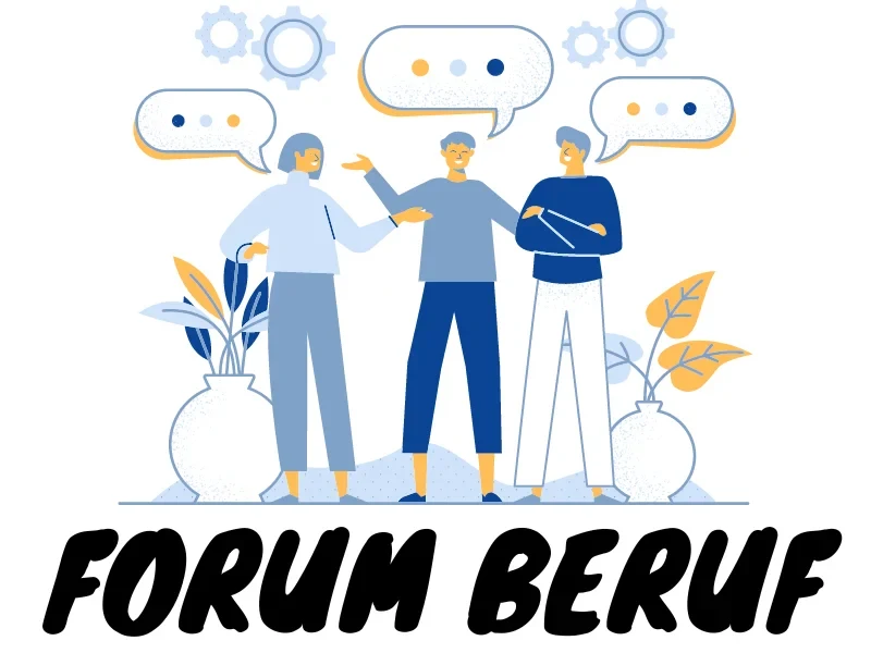 Graphic of three people in conversation with speech bubbles containing colorful dots, cogs and plants in the background. The color scheme is white blue and yellow-orange. Writing unterneath the graphic: Forum Beruf